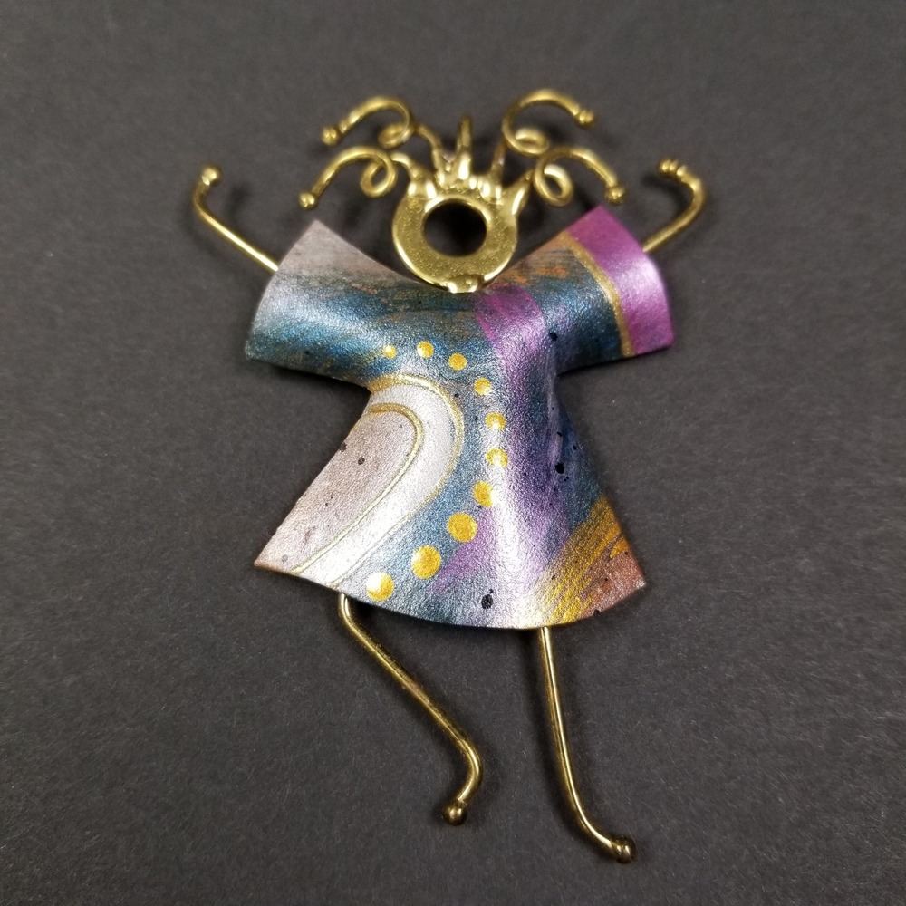 Artisan Handmade Leather Brass Dancing Figure Brooch‎ Whimsical Mixed Media Pin